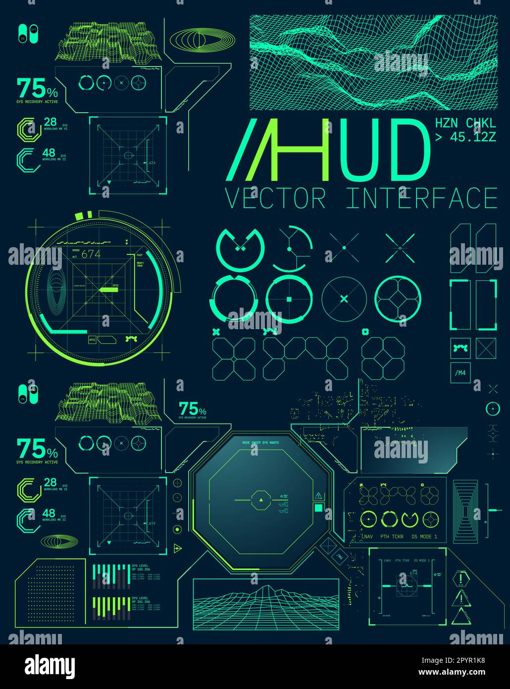 Set futuristico di elementi display HUD per interfaccia utente cyberpunk. Illustrazione vettoriale Illustrazione Vettoriale