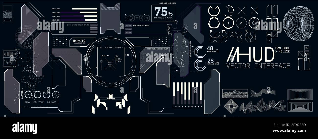 Un set futuristico di elementi wireframe interfaccia HUD cyberpunk. Illustrazione vettoriale. Illustrazione Vettoriale