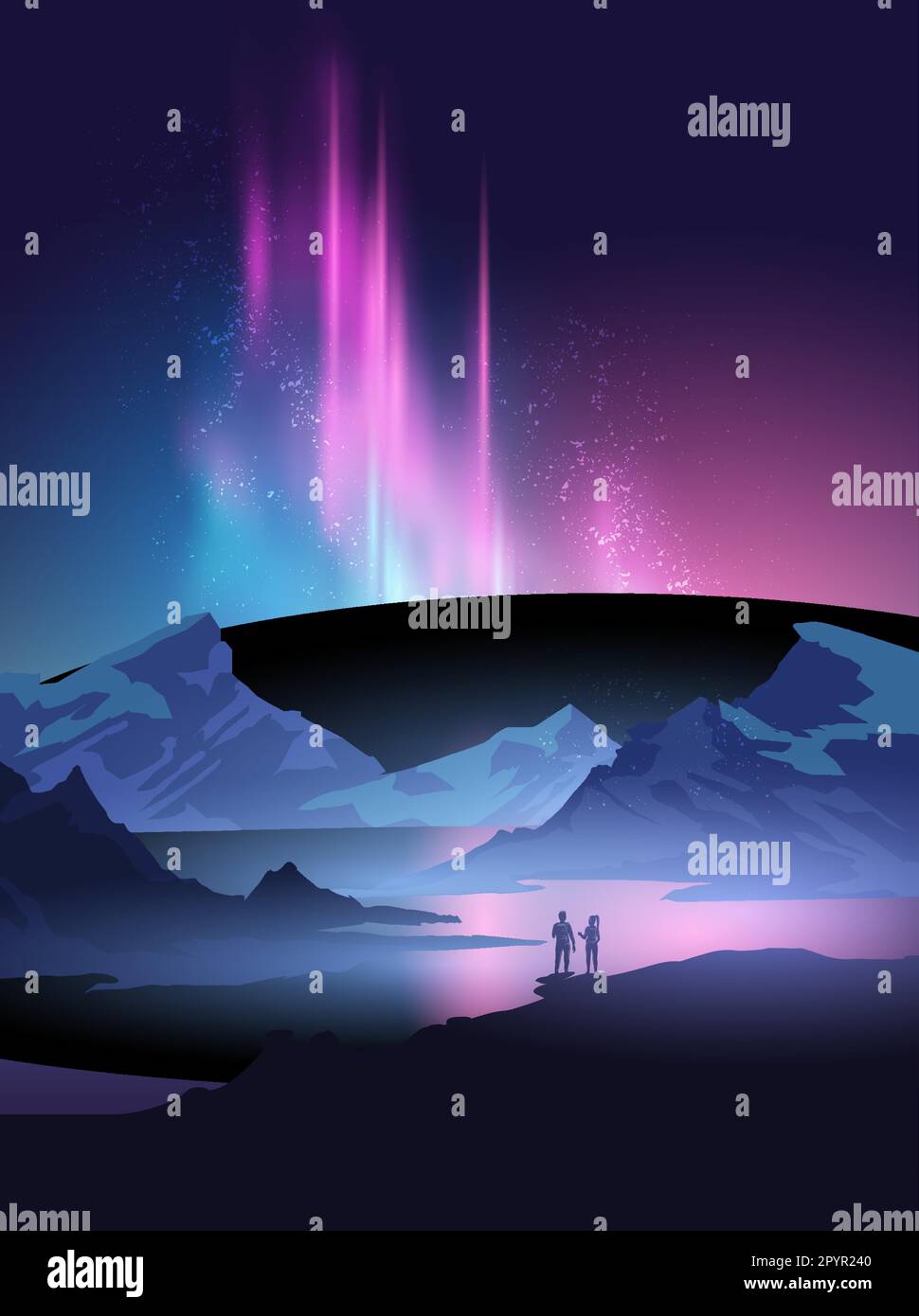 Due escursionisti che viaggiano ed esplorano si fermano per ammirare l'aurora dell'aurora boreale di notte sopra una splendida catena montuosa. Illustrazione Vettoriale