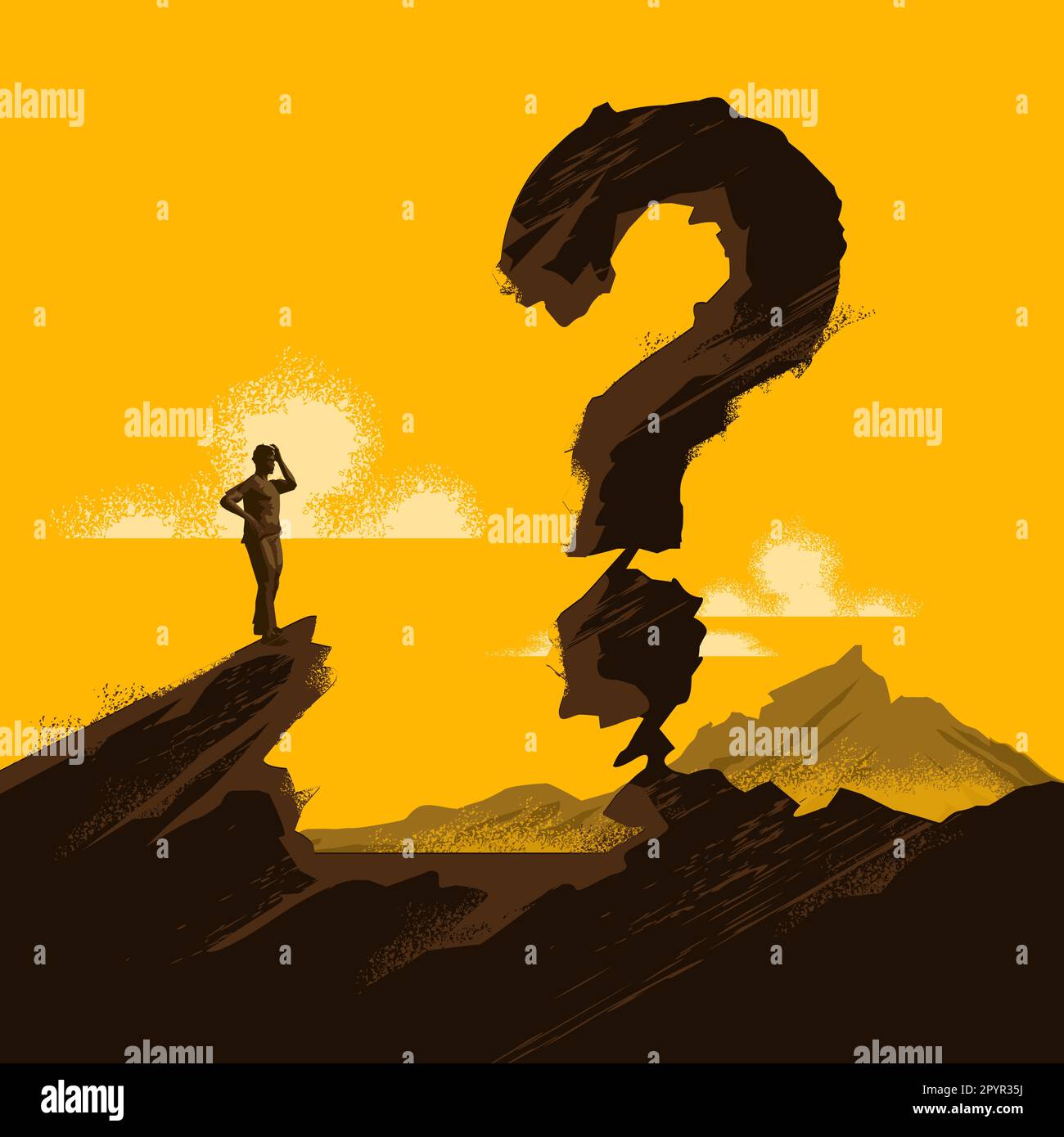 Un panorama futuro discutibile e incerto. Un uomo d'affari in piedi in un paesaggio con una formazione rocciosa a forma di punto interrogativo. Business Vect Illustrazione Vettoriale