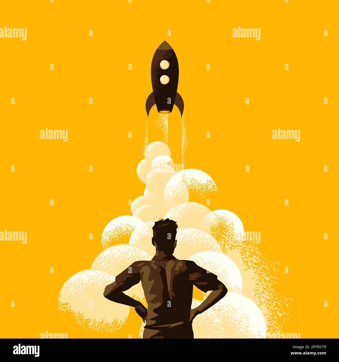 Fai esplodere! Un uomo si alza e guarda come un razzo si lancia nello spazio. Concetto di illustrazione vettoriale di startup e realizzazione. Illustrazione Vettoriale