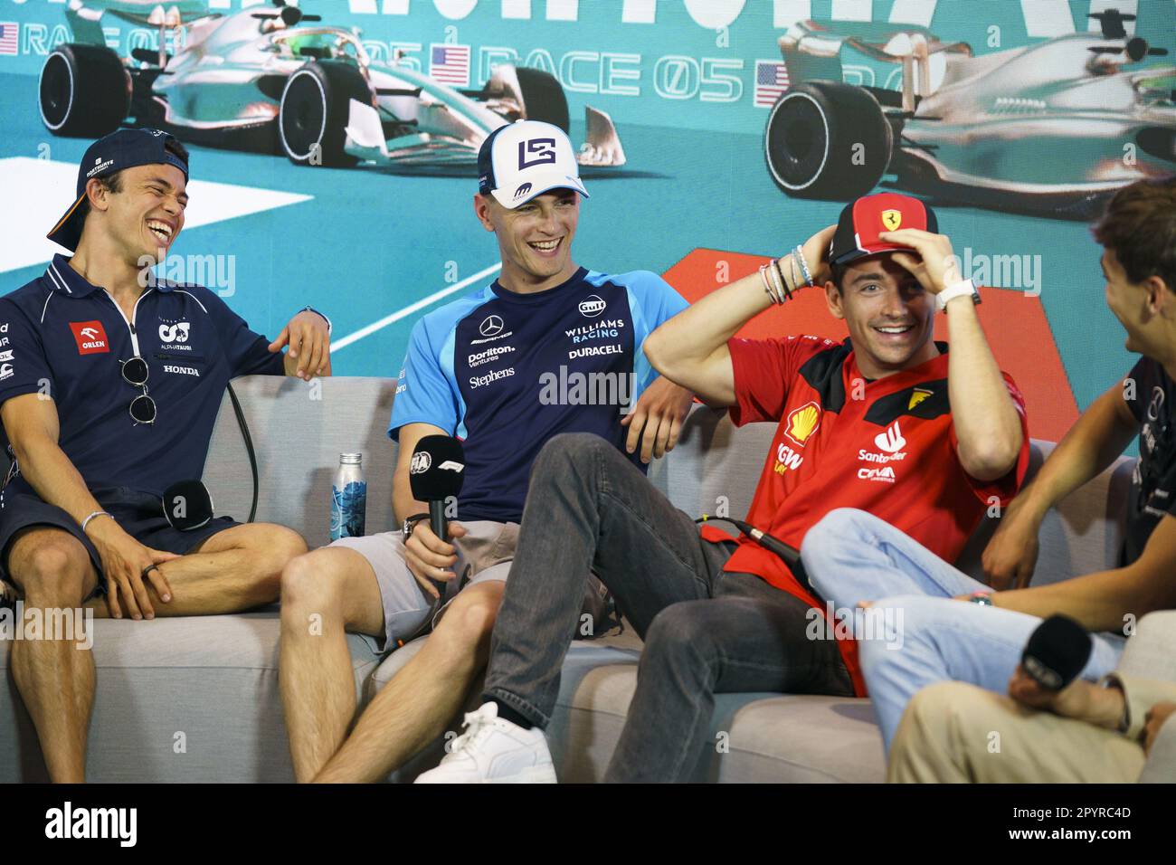 Miami Gardens, Stati Uniti. 04th maggio, 2023. Pilota olandese di Formula uno Nyck de Vries della Scuderia AlphaTauri, pilota americano di Formula uno Logan Sargeant della Williams Racing, Il pilota di Formula uno di Monaco Charles Leclerc della Scuderia Ferrari e il pilota britannico di Formula uno George Russell della Mercedes-AMG Petronas sono visti prima di una conferenza stampa durante la Formula uno Grand Prix​ di Miami al Miami International Autodrome di Miami Gardens, Florida, il 4 maggio 2023. Foto di Greg Nash/UPI Credit: UPI/Alamy Live News Foto Stock