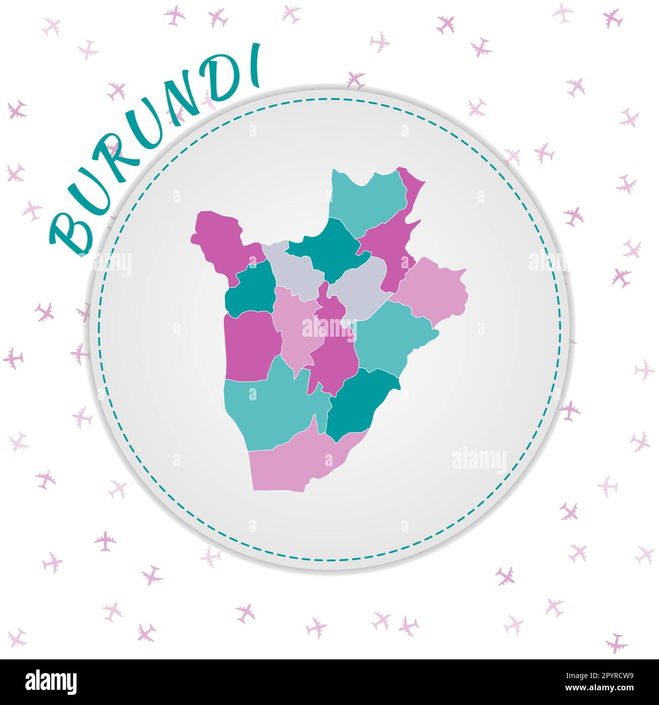 Progettazione di mappe Burundi. Mappa del paese con regioni nella tavolozza dei colori smeraldo-ametista. Illustrazione Vettoriale