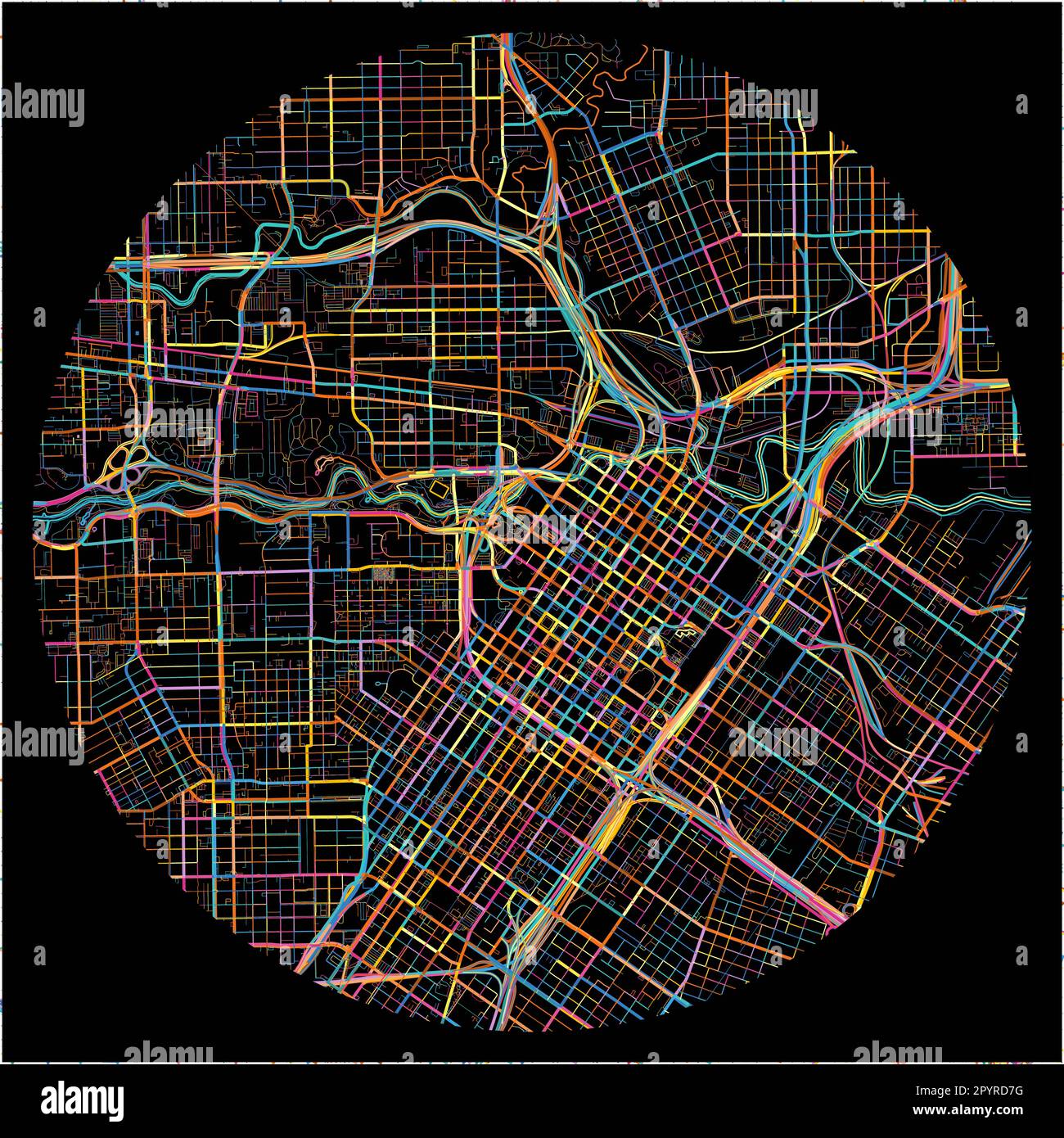 Mappa di Houston, Texas, con tutte le strade principali e minori, ferrovie e corsi d'acqua. Linee colorate su sfondo nero. Illustrazione Vettoriale