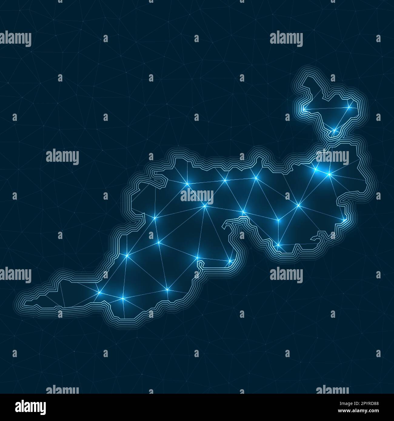 Mappa della rete dell'Isola di Guana. Mappa geometrica astratta dell'isola. Progettazione di connessioni digitali e telecomunicazioni. Rete Internet luminosa. Bellissimo Illustrazione Vettoriale