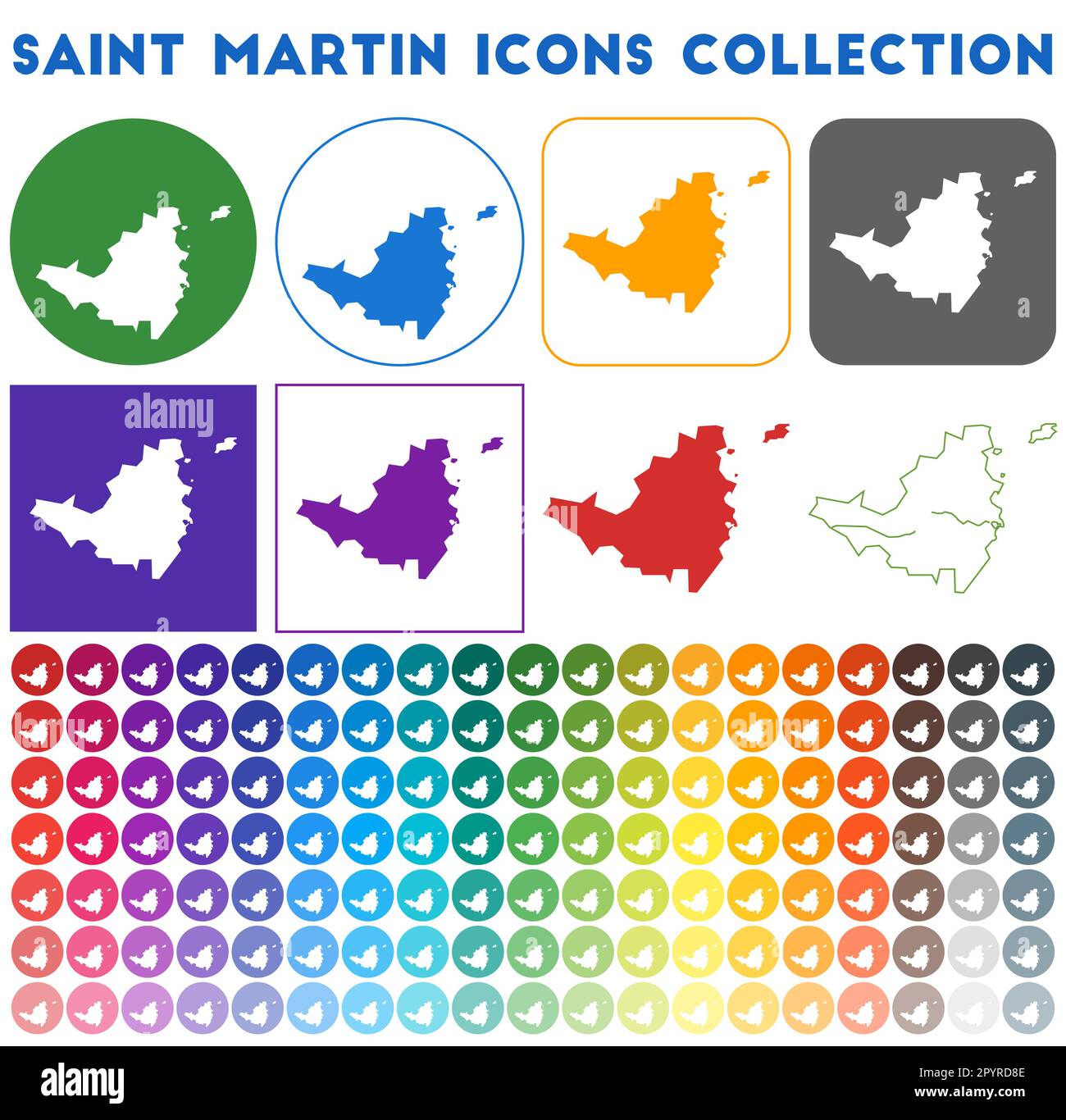 Collezione icone di Saint Martin. Icone luminose e colorate alla moda. Badge Saint Martin moderno con mappa dell'isola. Illustrazione vettoriale. Illustrazione Vettoriale