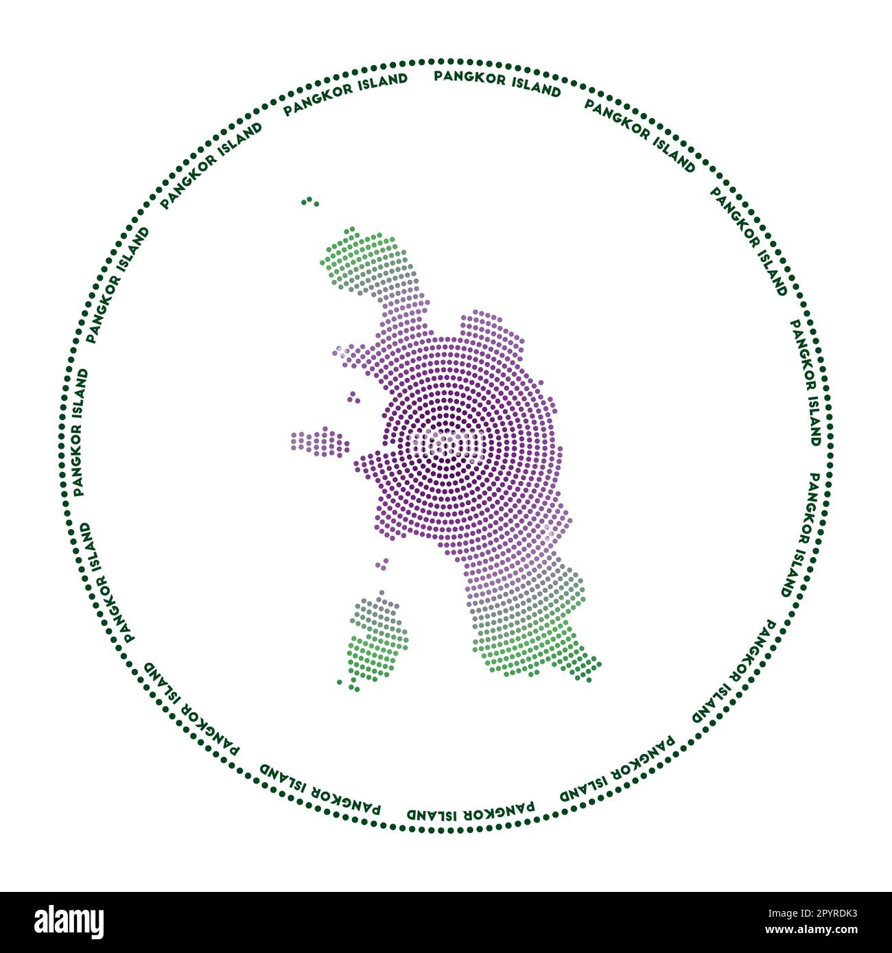 Logo rotondo di Pangkor Island. Forma in stile digitale dell'isola di Pangkor in un cerchio punteggiato con il nome dell'isola. Icona tecnica con punti graduati. Illustrazione Vettoriale