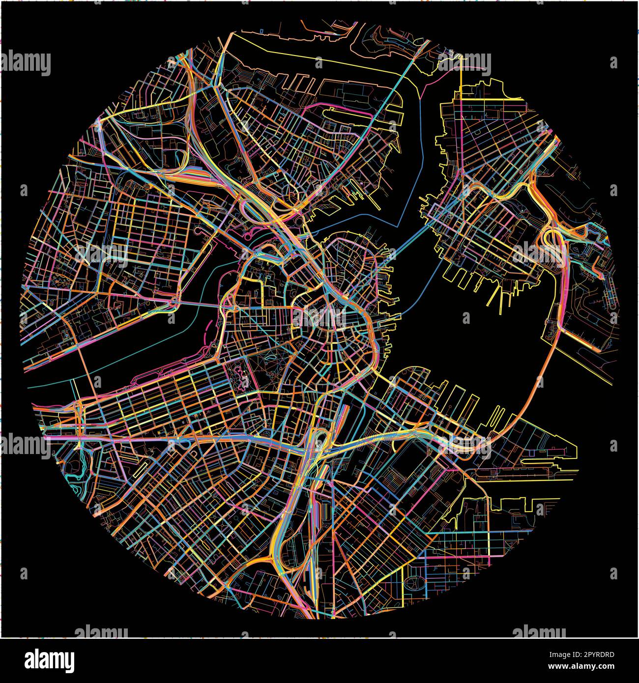 Mappa di Boston, Massachusetts con tutte le strade principali e minori, ferrovie e canali. Linee colorate su sfondo nero. Illustrazione Vettoriale