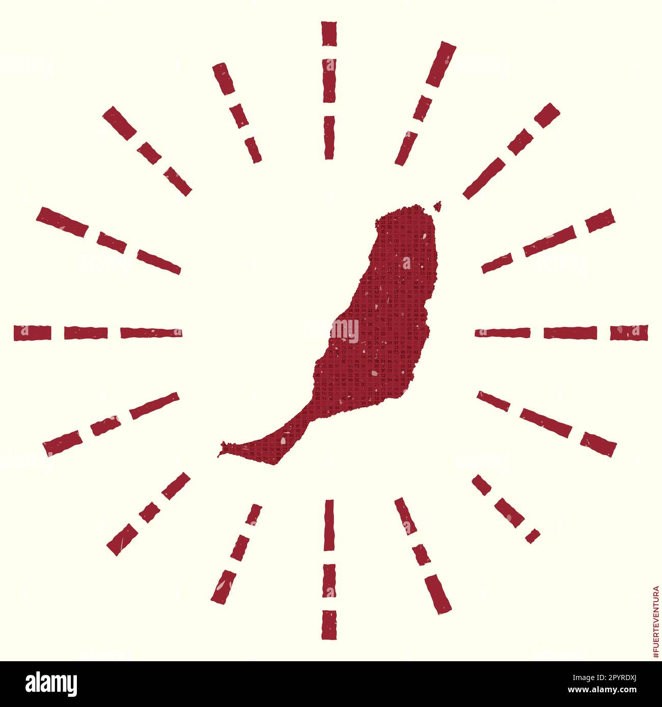 Logo Fuerteventura. Poster grunge Sunburst con mappa dell'isola. Forma di Fuerteventura riempita con cifre esagonali con raggi solari intorno. Illustrazione Vettoriale