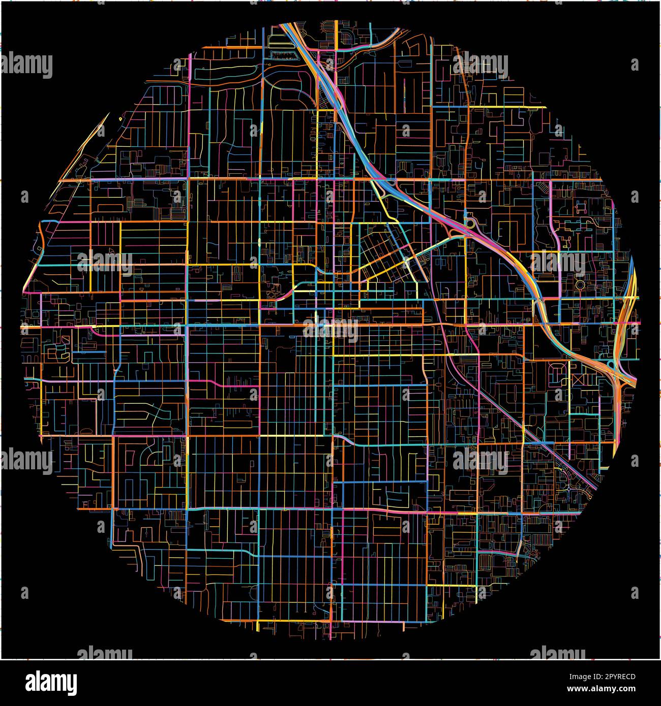 Mappa di SantaAna, California con tutte le strade principali e minori, ferrovie e corsi d'acqua. Linee colorate su sfondo nero. Illustrazione Vettoriale