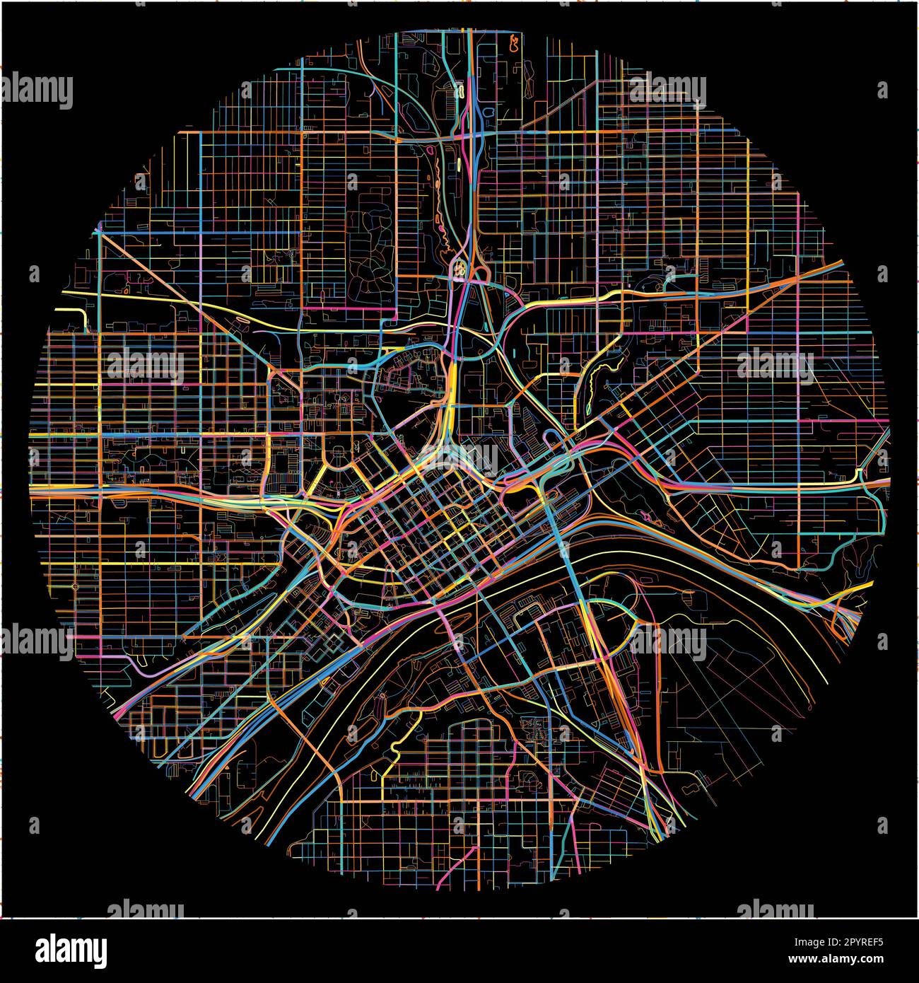 Mappa di SaintPaul, Minnesota con tutte le strade principali e minori, ferrovie e canali. Linee colorate su sfondo nero. Illustrazione Vettoriale