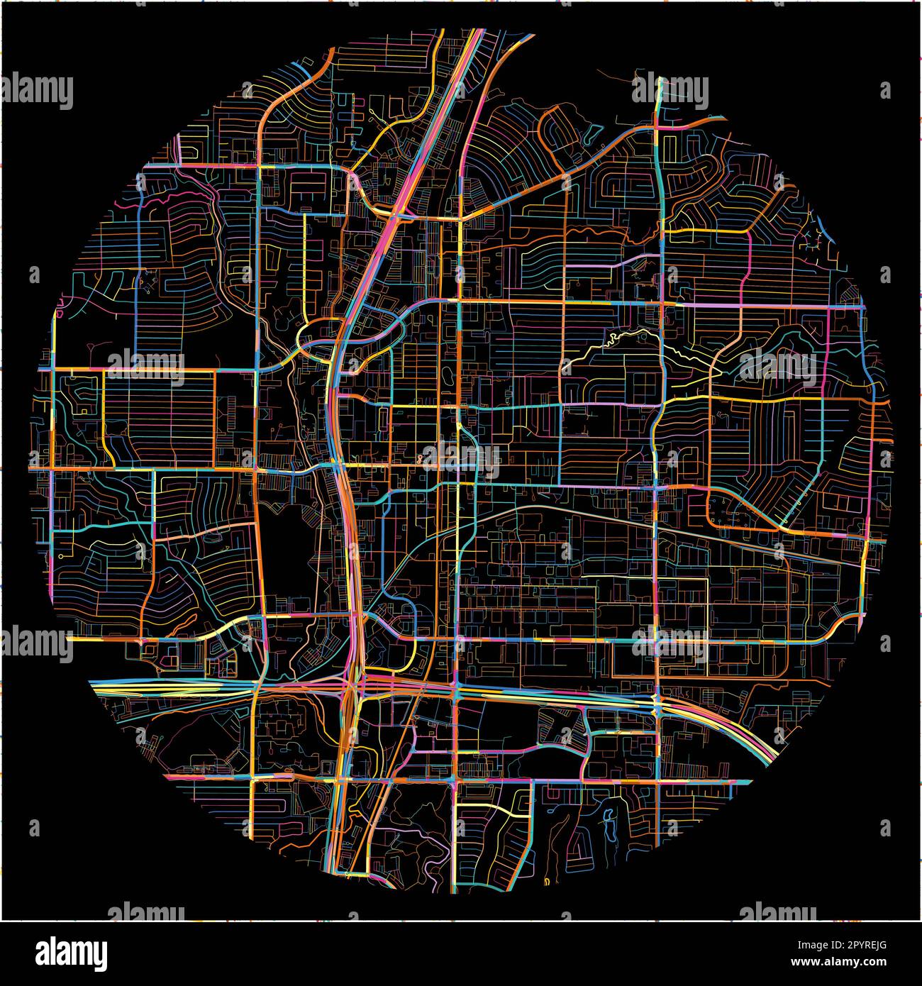 Mappa di Plano, Texas, con tutte le strade principali e minori, ferrovie e corsi d'acqua. Linee colorate su sfondo nero. Illustrazione Vettoriale