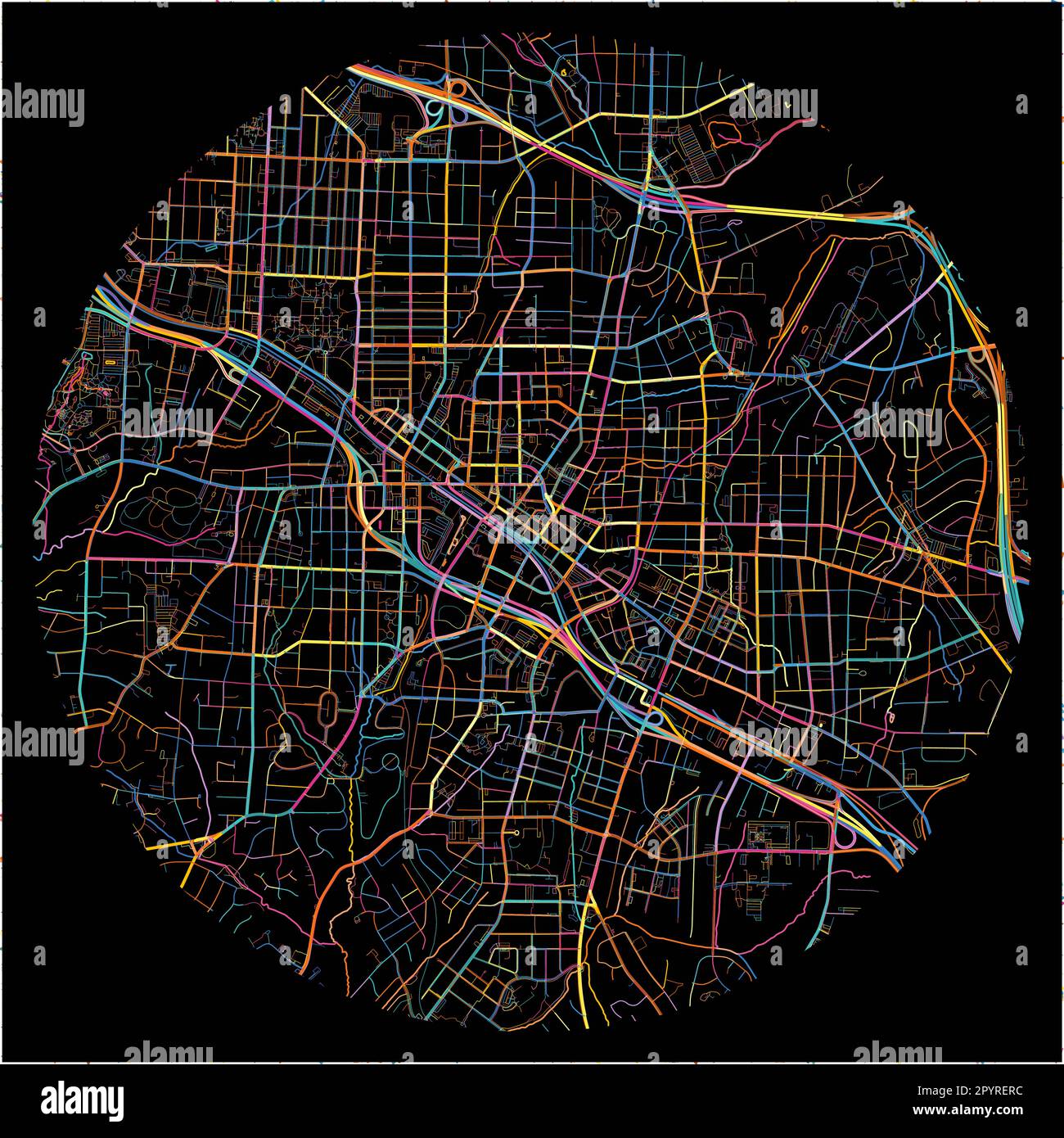 Mappa di Durham, North Carolina, con tutte le strade principali e minori, ferrovie e corsi d'acqua. Linee colorate su sfondo nero. Illustrazione Vettoriale