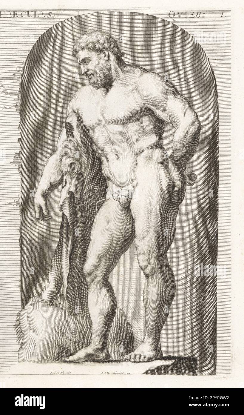 La scultura in marmo degli Ercole Farnese. L'eroe romano Ercole (Eracle greche) si appoggia sul suo club drappeggiato con la pelle di leone nemea, mele dorate dietro la schiena, foglia di fico sui genitali. Nel Palazzo Farnese, Roma. Incisione su copperplate di Richard Collin dopo un'illustrazione di Joachim von Sandrart dalla sua Academia Todesca, della architettura, scultura & Pittura, oder Teutsche Academie, der Edlen Bau- Bild- und Mahlerey-Kunste, Accademia tedesca di architettura, scultura e pittura, Jacob von Sandrart, Norimberga, 1675. Foto Stock