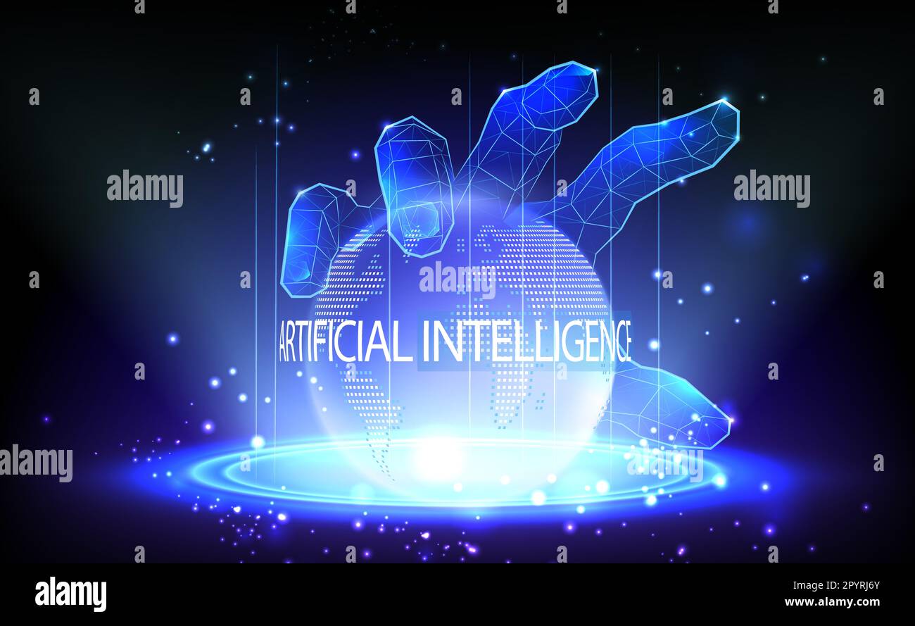 Tecnologia ai il controllo manuale digitale virtuale manipola il mondo intero in uno stile futuristico sfondo scuro Foto Stock