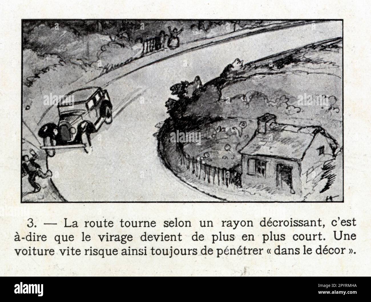 Risque d'incidente en 1929.la route tourne selon un rayon décroissant,c'est-à-dire que le virage devient de Plus en Plus Court.une voiture vite risque Foto Stock