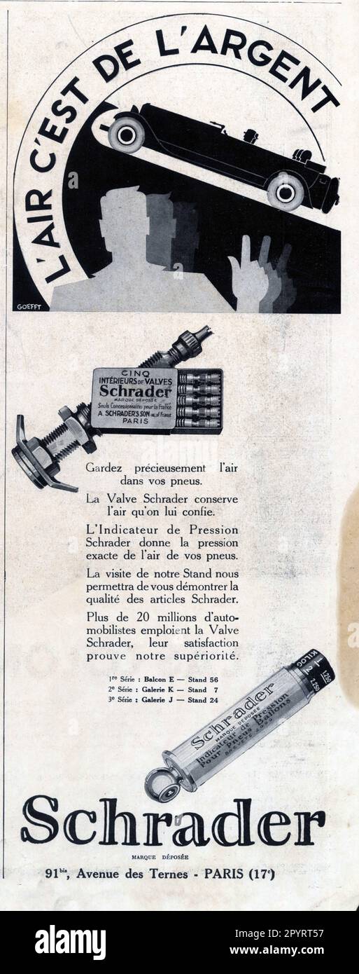 Publicité ancienne SCHRADER. 1929 Foto Stock