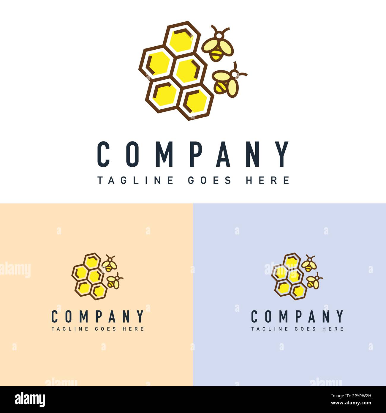Modello vettoriale di disegno del marchio dell'ape del miele. Simbolo o icona a nido d'ape. Illustrazione Vettoriale