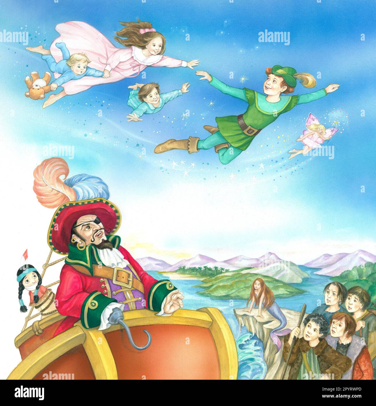 Storie per bambini - Peter Pan & Wendy flyingwith Captain Hook & Lost Boys guardando sopra Foto Stock