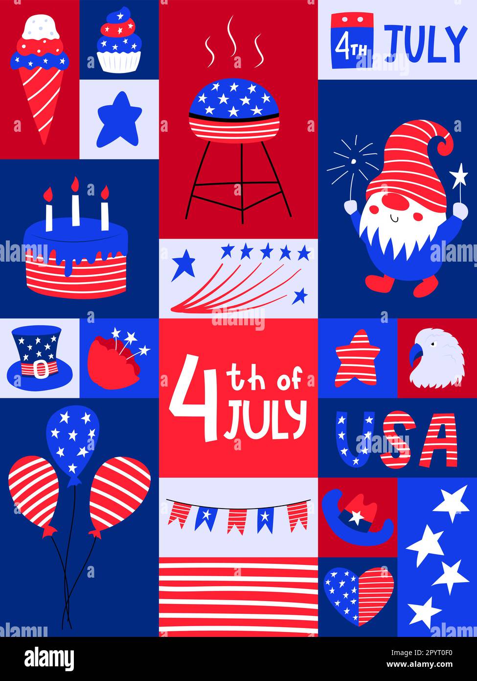 Poster grafico con i simboli nazionali della giornata dell'indipendenza degli Stati Uniti. Biglietto d'auguri per il 4th luglio. Palloncini, torta, stelle, bandiere. Elementi patriottici in appartamento Illustrazione Vettoriale