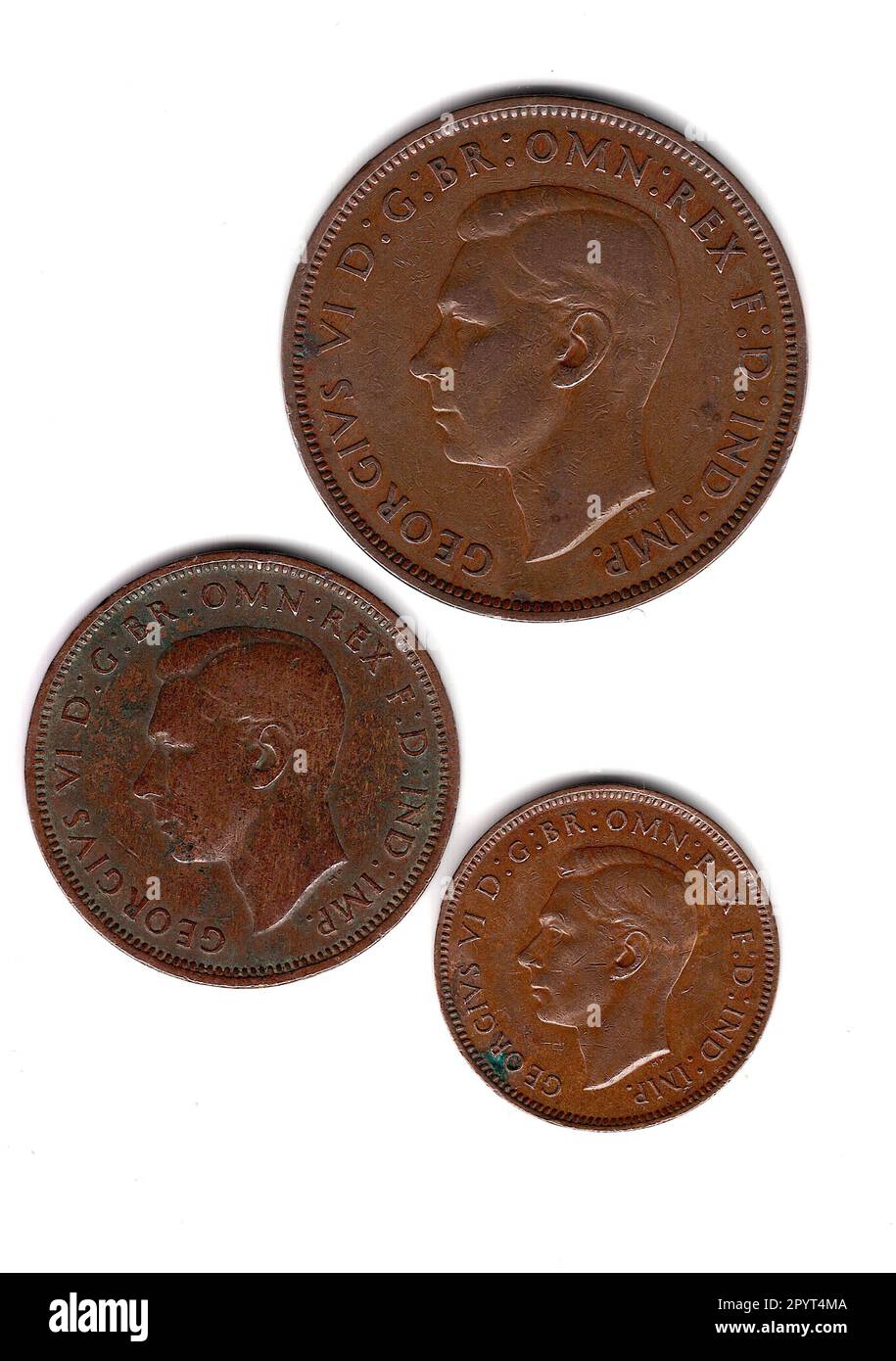 Re Giorgio VI monete d'annata di rame dalla Gran Bretagna che mostra la parte anteriore. Foto Stock