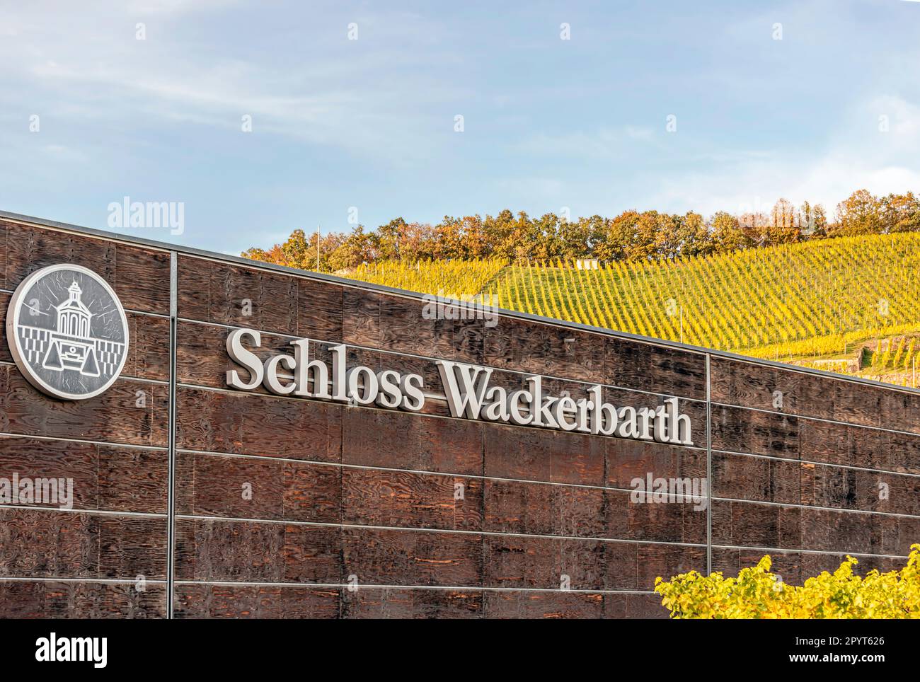 Logo del vigneto dello Stato Sassone Schloss Wackerbarth a Radebeul vicino a Dresda, Sassonia, Germania Foto Stock