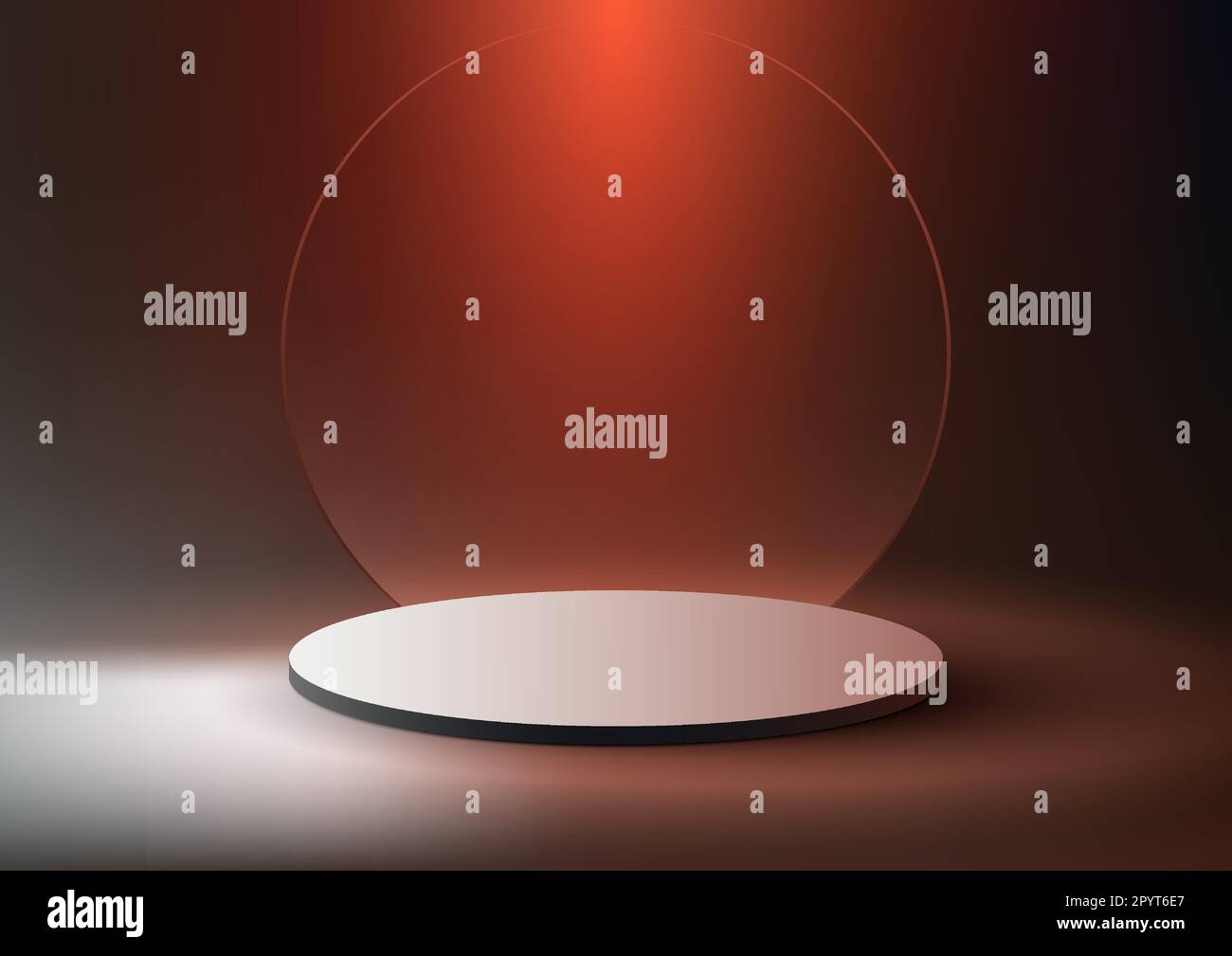 3D realistico display a podio bianco vuoto con sfondo circolare trasparente in vetro su sfondo scuro con illuminazione rossa. È possibile utilizzare per il prodotto Illustrazione Vettoriale