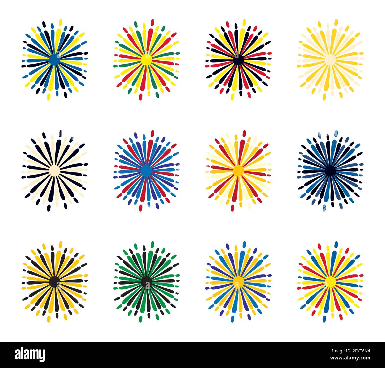 Fuochi d'artificio di Doodle disegnati a mano. Sunburst vintage. Elementi di design colorati Illustrazione Vettoriale