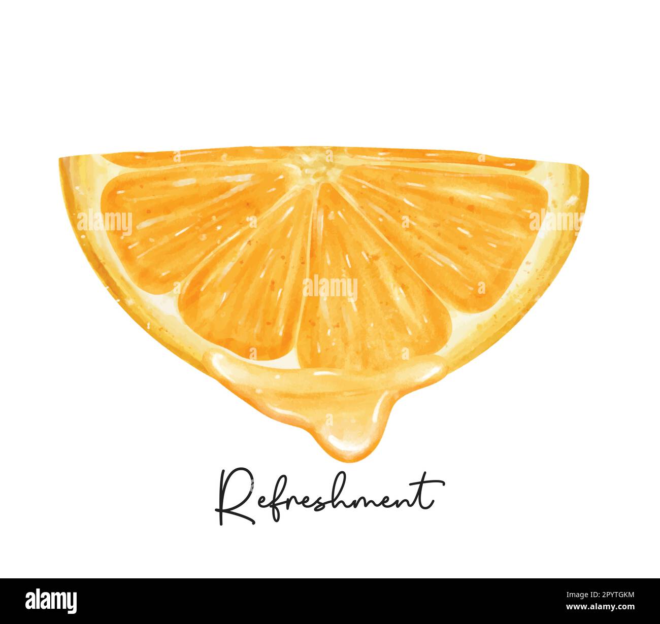 Rinfresco mezzo pezzo di frutta arancione tagliata con acquerello liquido pittura a mano semi-realistica illustrazione vettore isolato su bianco backgroun Illustrazione Vettoriale