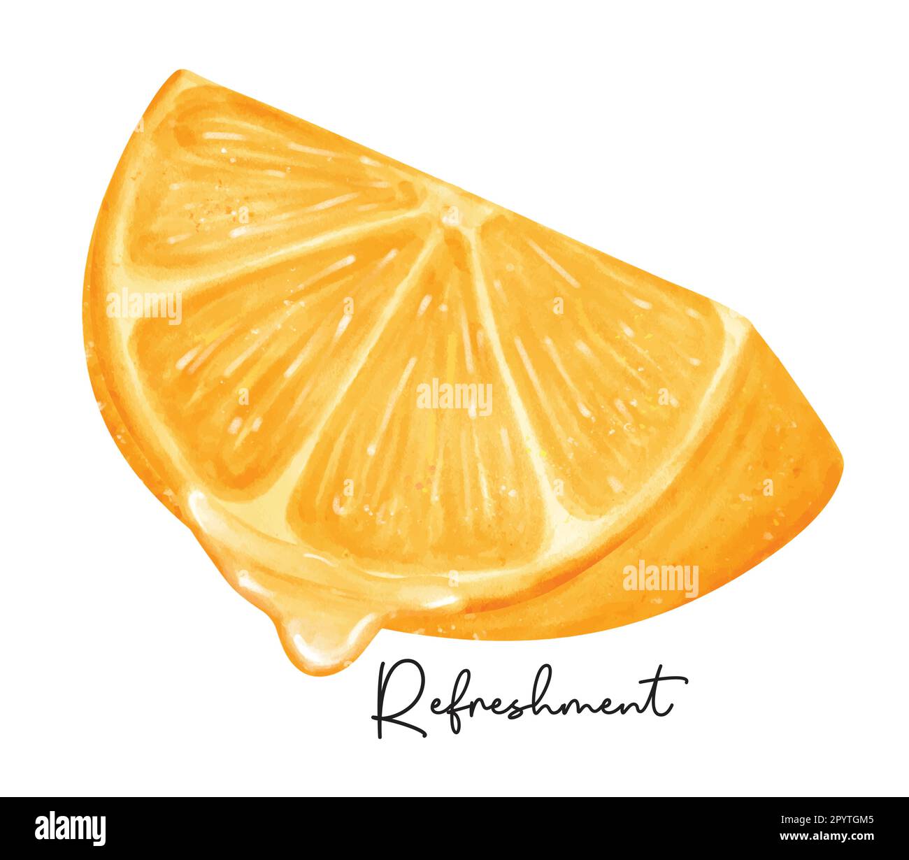 Refreshment quarto taglio di frutta arancione con acquerello liquido pittura a mano semirealista vettore di illustrazione isolato su sfondo bianco. Illustrazione Vettoriale