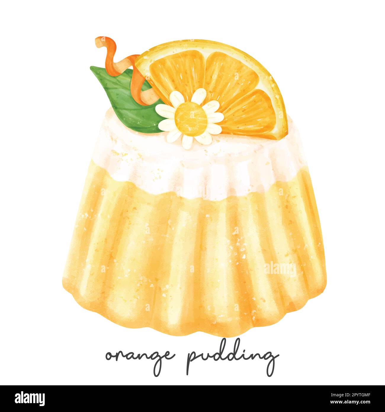semi realistico fatto in casa arancio favore budino gelatina dolce acquerello illustrazione vettore banner isolato su sfondo bianco. Illustrazione Vettoriale