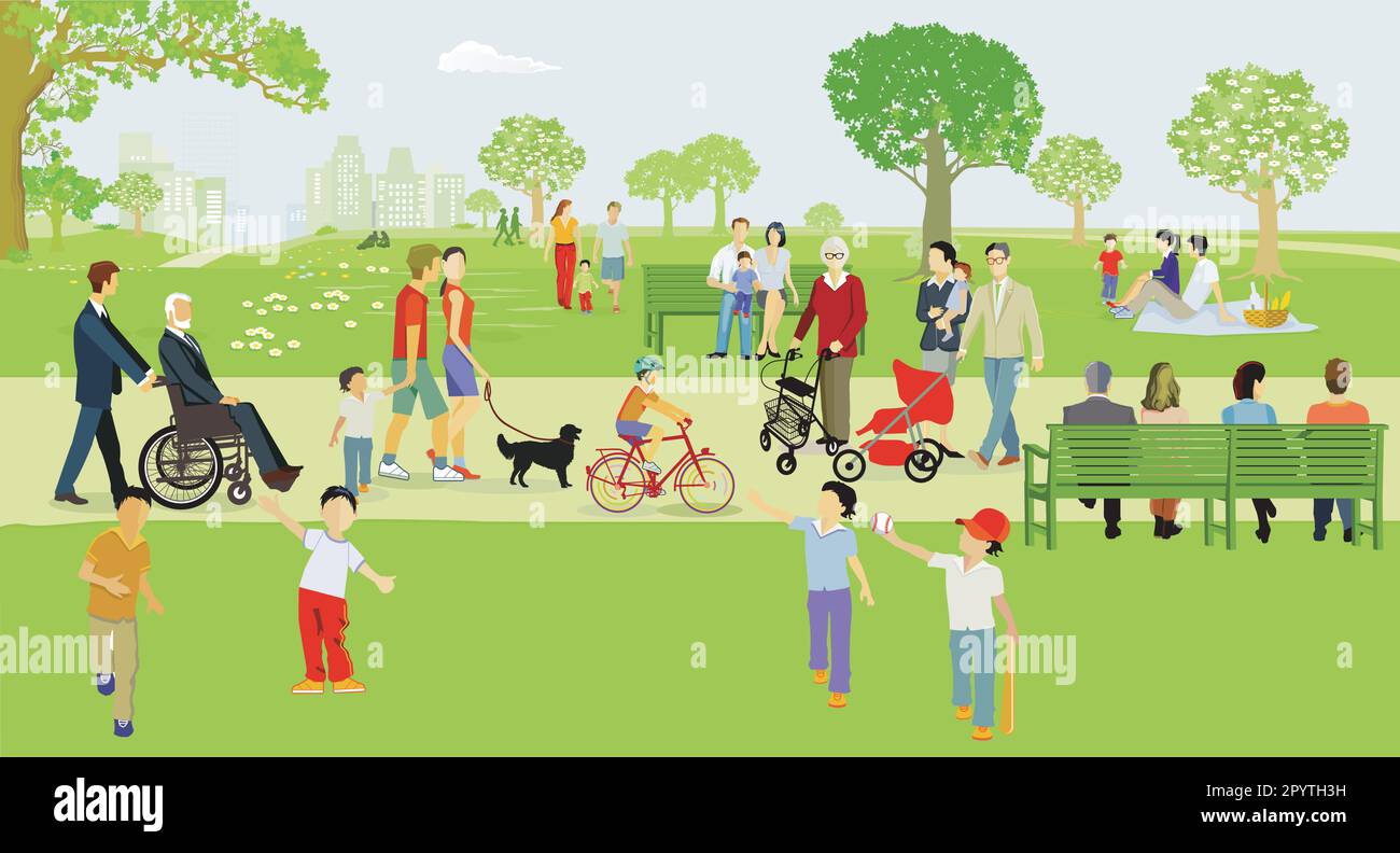 Famiglie e persone a piacere nel parco, illustrazione Illustrazione Vettoriale