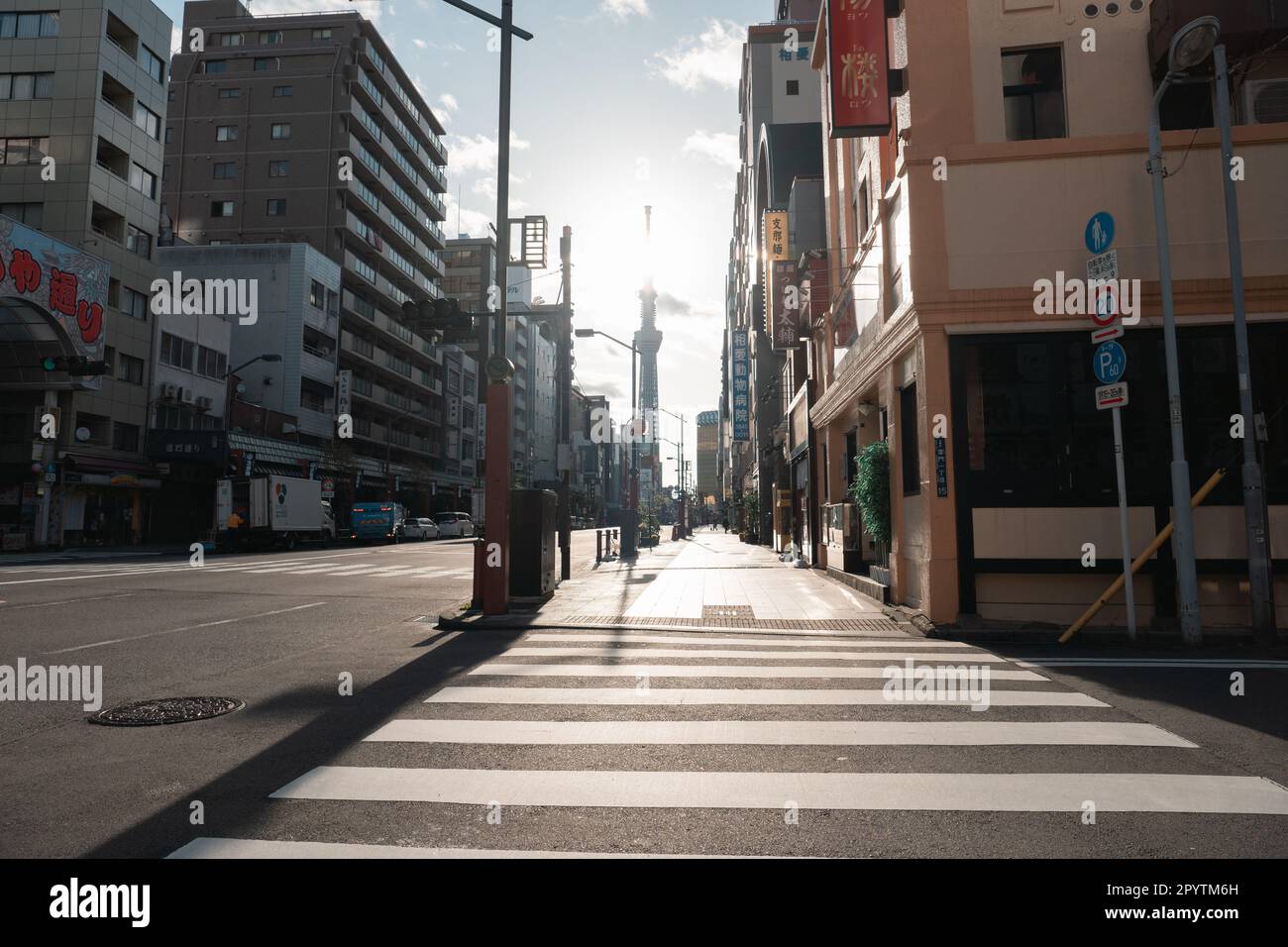 TOKYO, GIAPPONE - 8 APRILE 2023: Città di Tokyo con lo sfondo di Tokyo Skytree contro il cielo nuvoloso Foto Stock