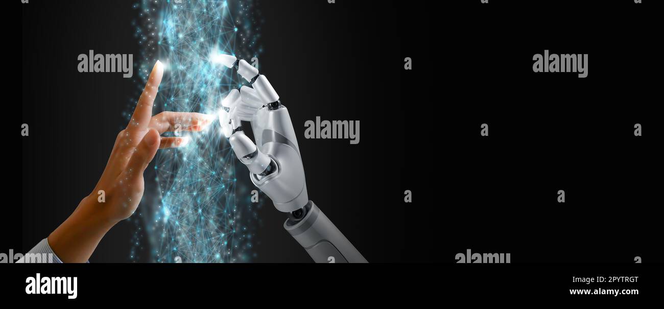 Robot e mani umane che toccano il flusso di informazioni in coesistenza per imparare insieme in Digital Twin. Intelligenza artificiale metaverse, tecnologia di analisi dei dati, Cha Foto Stock