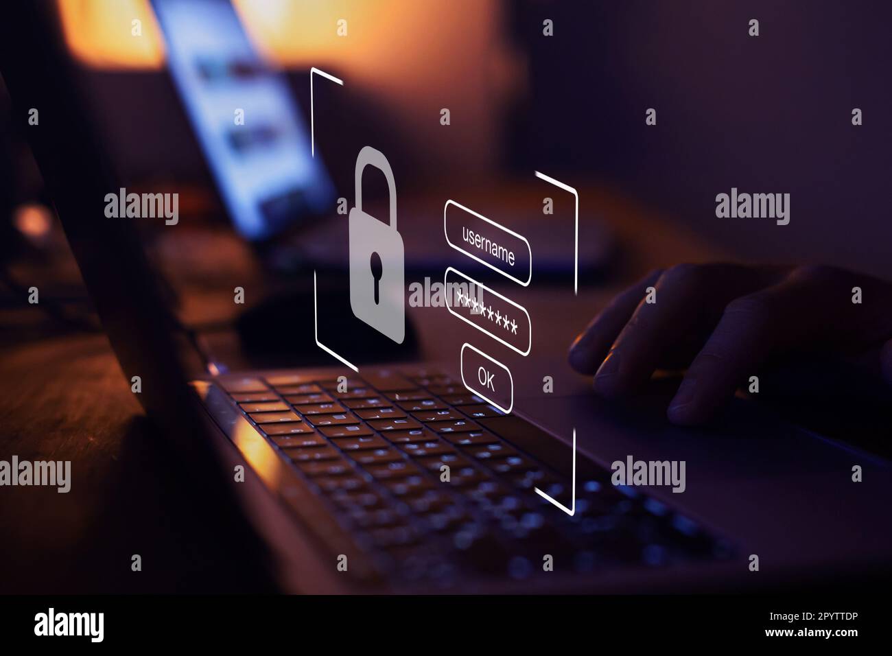 utente che digita login e password, concetto di sicurezza informatica, protezione dei dati e accesso a internet protetto, sicurezza informatica Foto Stock