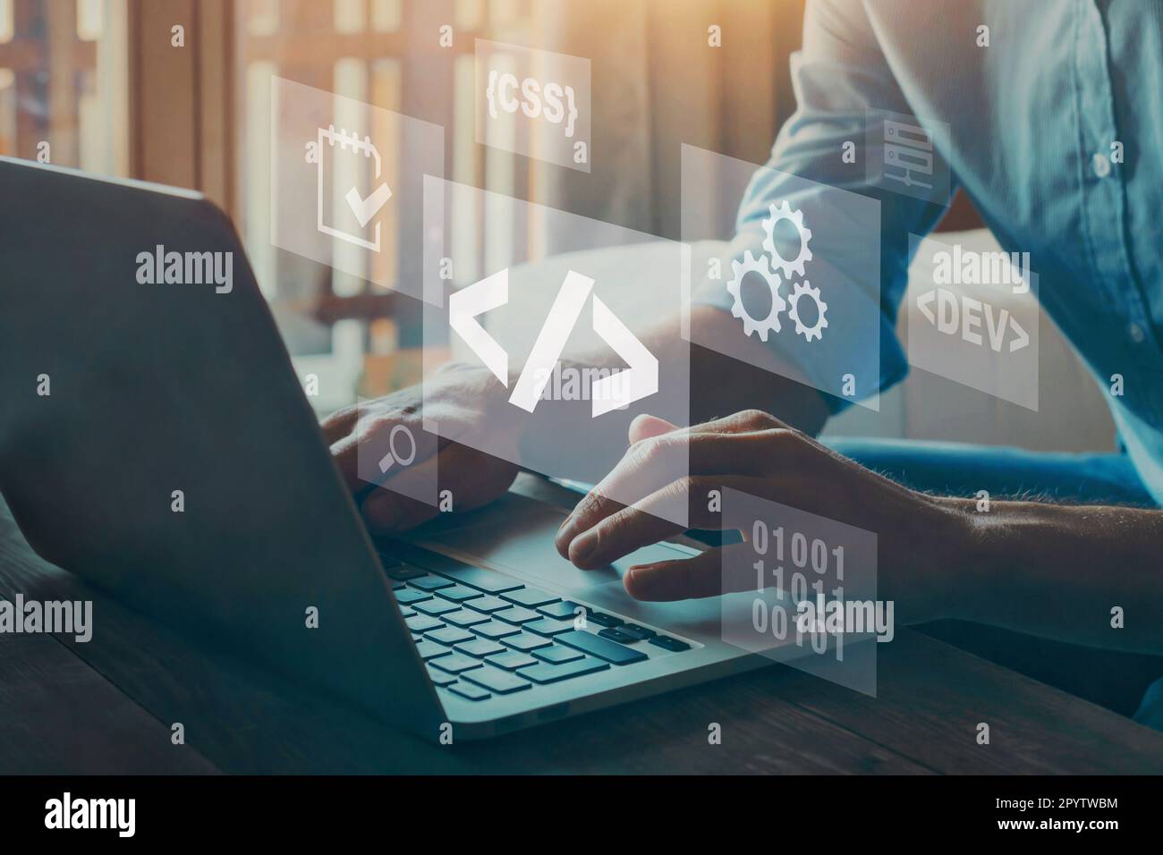 Concetto di software di codifica, gli sviluppatori lavorano alla scrittura di codice di programmazione da computer. Foto Stock