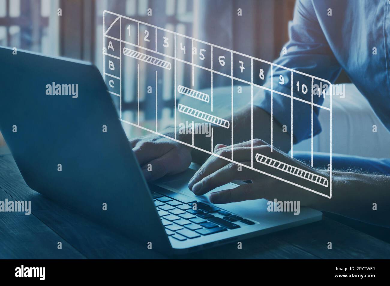 concetto di gestione dei progetti con grafico gantt, pianificazione aziendale su schermo virtuale del computer Foto Stock