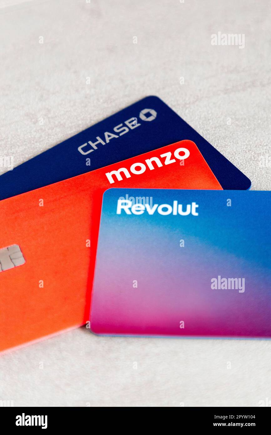 Carte bancarie Revolut, Monzo e Chase Foto Stock