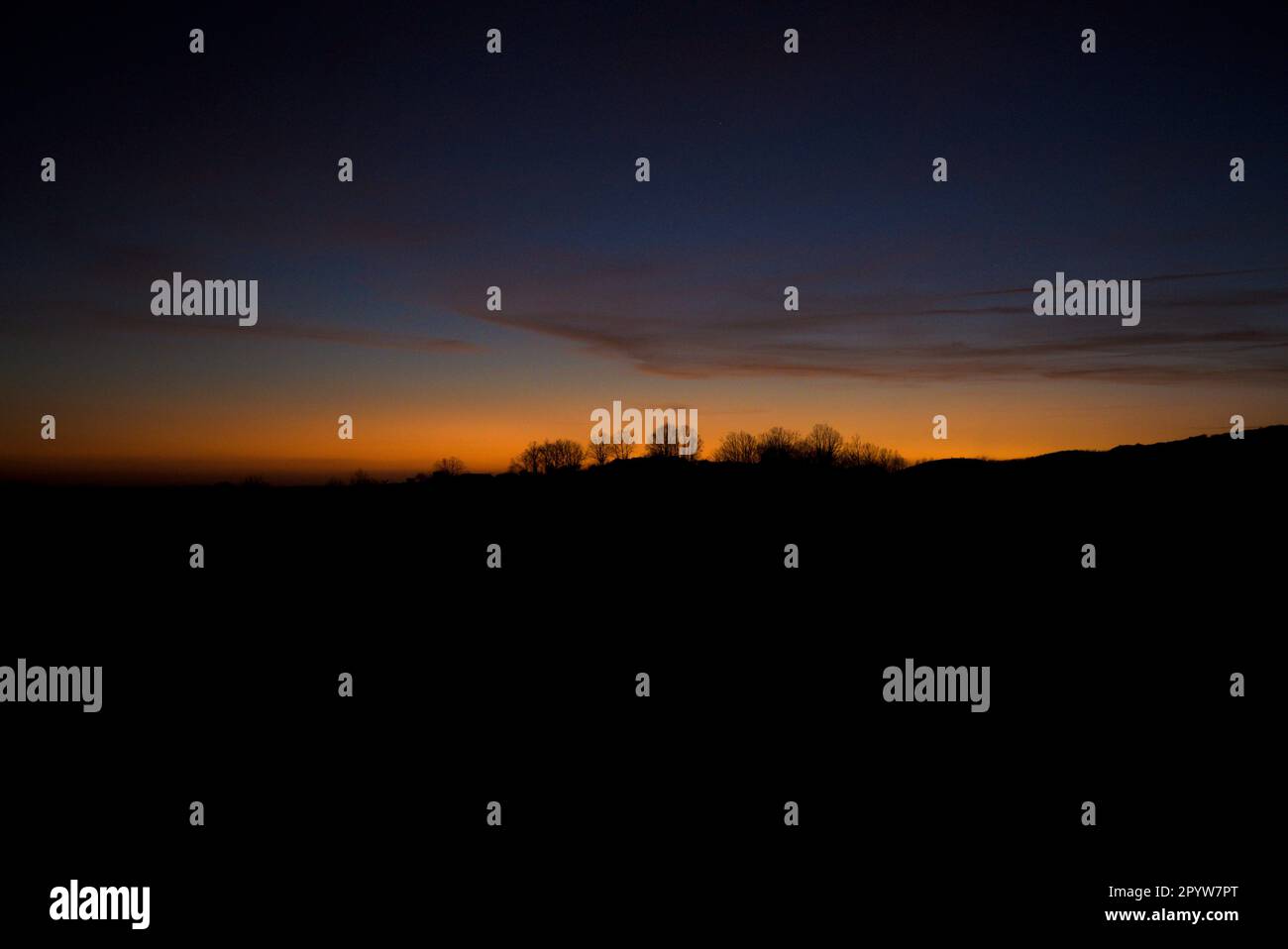 silhouette di alberi in collina al tramonto con cielo in colori tenui magenta, rosa, blu orizzontalmente Foto Stock silhouette di alberi in collina al tramonto con cielo in colori tenui magenta, rosa, blu orizzontalmente Foto Stock