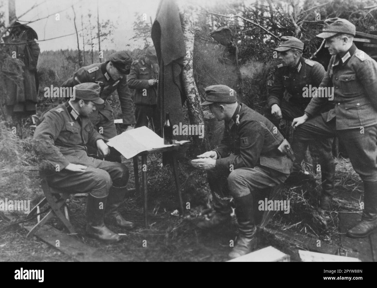 Ufficiali di un battaglione di fanteria nella sezione settentrionale del fronte orientale in un incontro. Il terzo da destra porta probabilmente lo scudo di Crimea sul braccio superiore, il secondo da sinistra un distintivo di distruzione del carro armato. Foto: Weber [traduzione automatica] Foto Stock