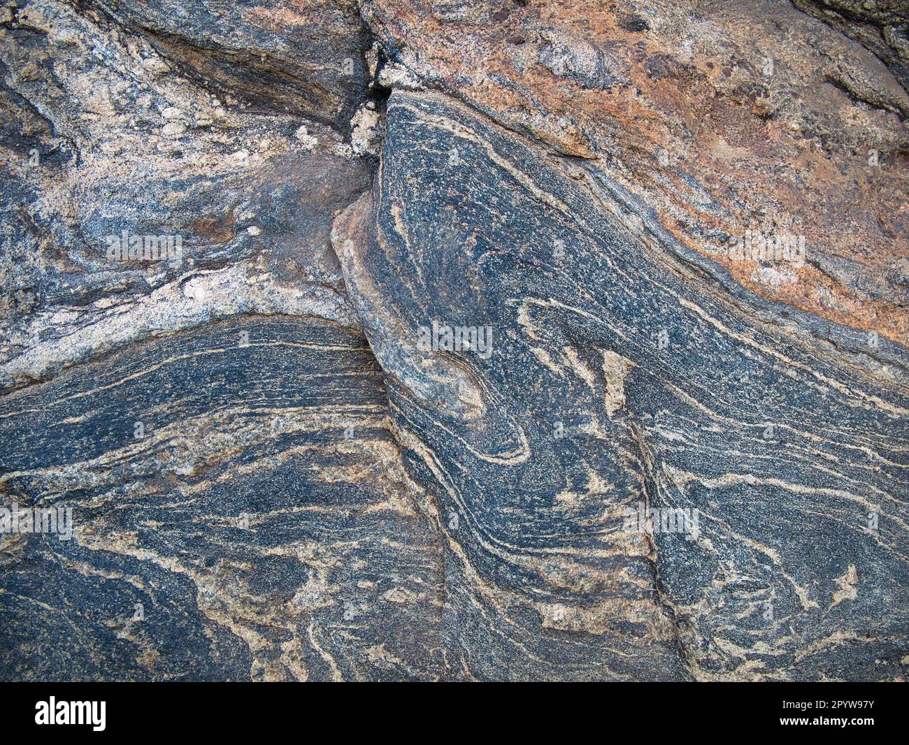 Ripiegamento in strati di magma raffreddato alla parete dello specchio su Sigiriya o roccia del leone nello Sri Lanka centrale - un magma indurito plug da un estinto e lungo-er Foto Stock