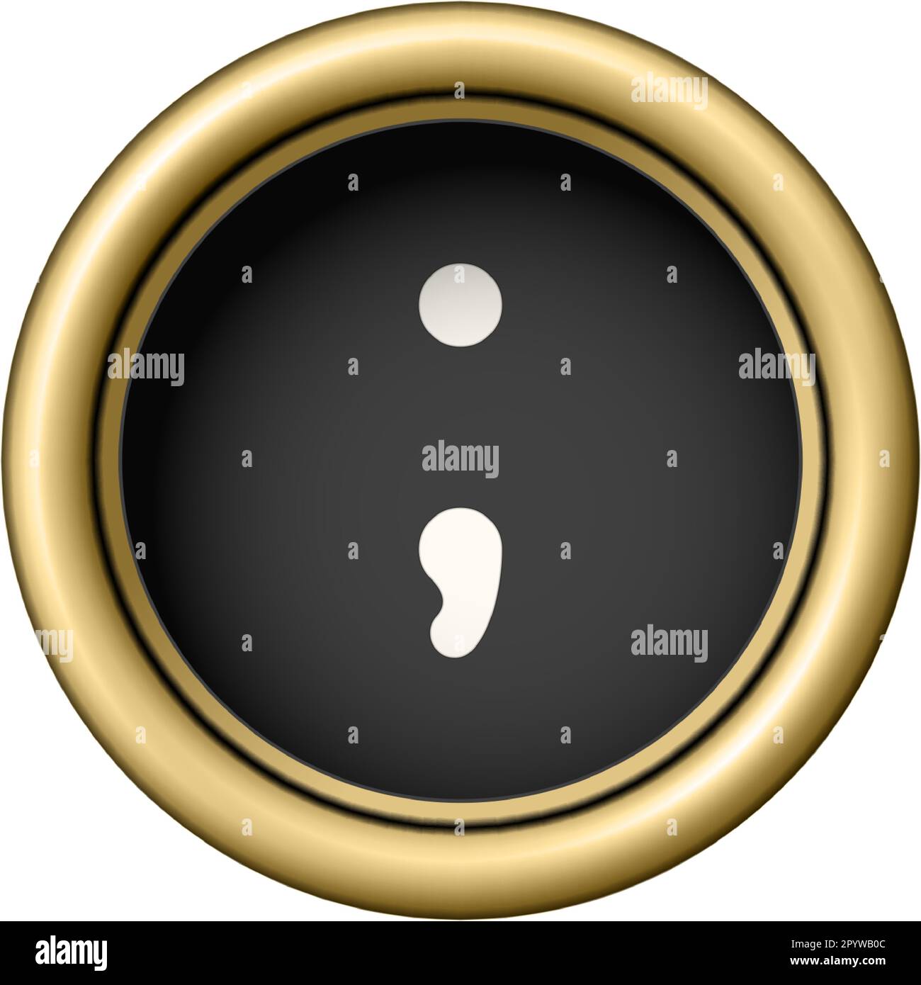 Punto e virgola. Pulsante della macchina da scrivere in oro vintage isolato su sfondo bianco. Elemento grafico per scrapbooking, adesivo, sito web, simbolo, i Illustrazione Vettoriale