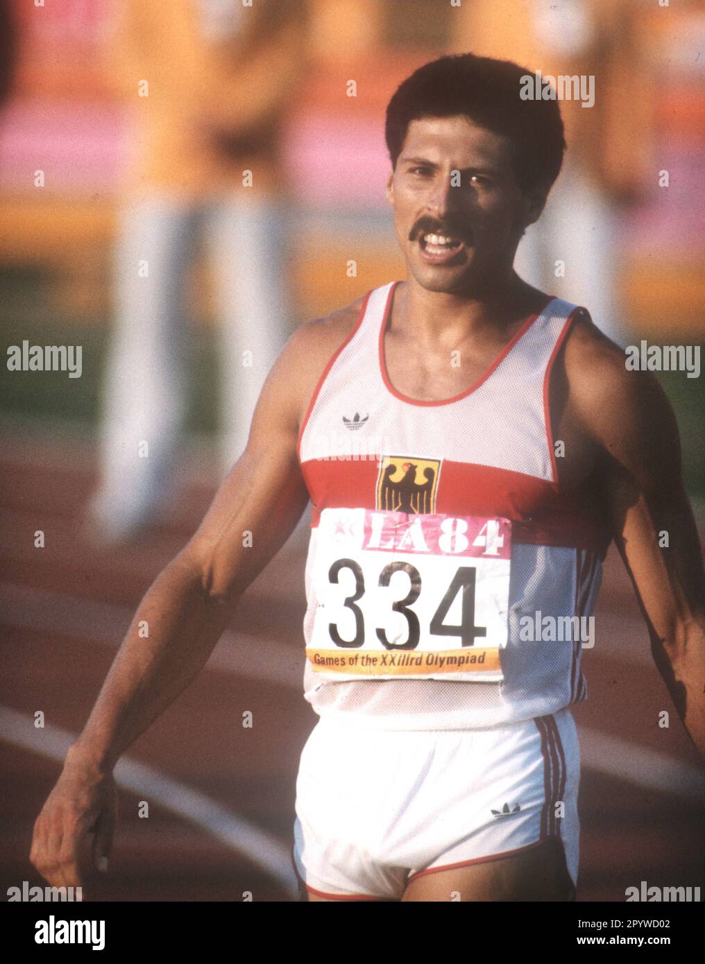 Olimpiadi di Los Angeles del 1984. 400m ostacoli: Harald Schmid (FRG) 05.08.1984. [traduzione automatica] Foto Stock