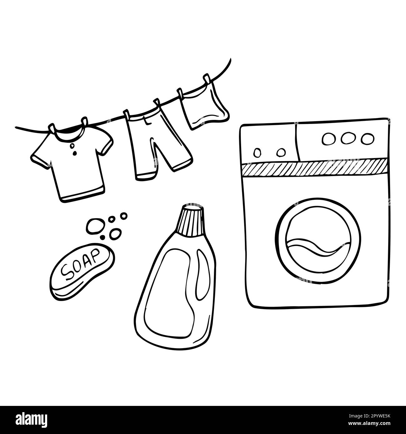 Servizio di lavanderia mano disegnata Doodle icone set, vettore illustrazione. Simboli di lavaggio, asciugatura e stiratura, lavatrice, cesto per la biancheria, asciugabiancheria Illustrazione Vettoriale
