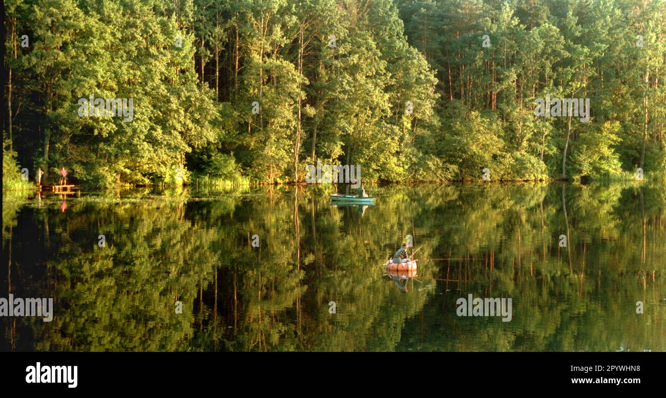 Polonia / Pomerania / Paesaggio / 1996 Lago vicino a pila, Schneidemuehl, pescatori alla luce del mattino presto // tempo libero / natura / [traduzione automatica] Foto Stock