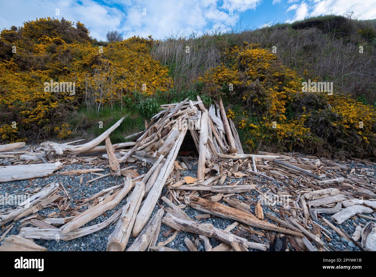 Una persona non ospitata casa-costruito rifugio sulla spiaggia vicino Beacon Hill Park a Victoria, BC. Foto Stock