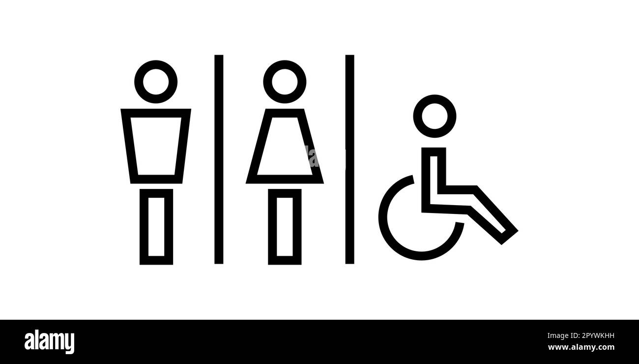 Icona della segnaletica per gabinetto, wc o bagno per vari generi, segni di uomini donne e sedia a rotelle per servizi igienici, simbolo della linea sottile su sfondo bianco - editabl Illustrazione Vettoriale