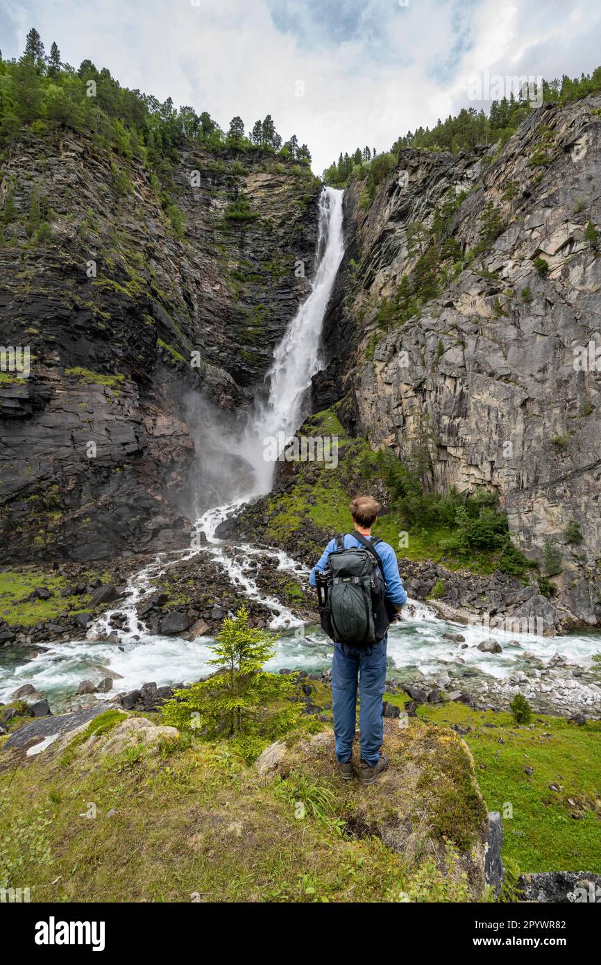 Turistico presso il fiume Driva, la cascata di Svoufallet, la Gola di Amotan, Gjora, Norvegia Foto Stock