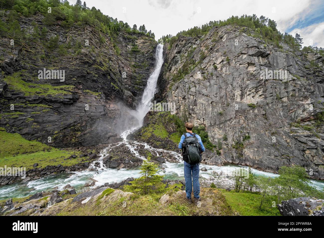 Turistico presso il fiume Driva, la cascata di Svoufallet, la Gola di Amotan, Gjora, Norvegia Foto Stock