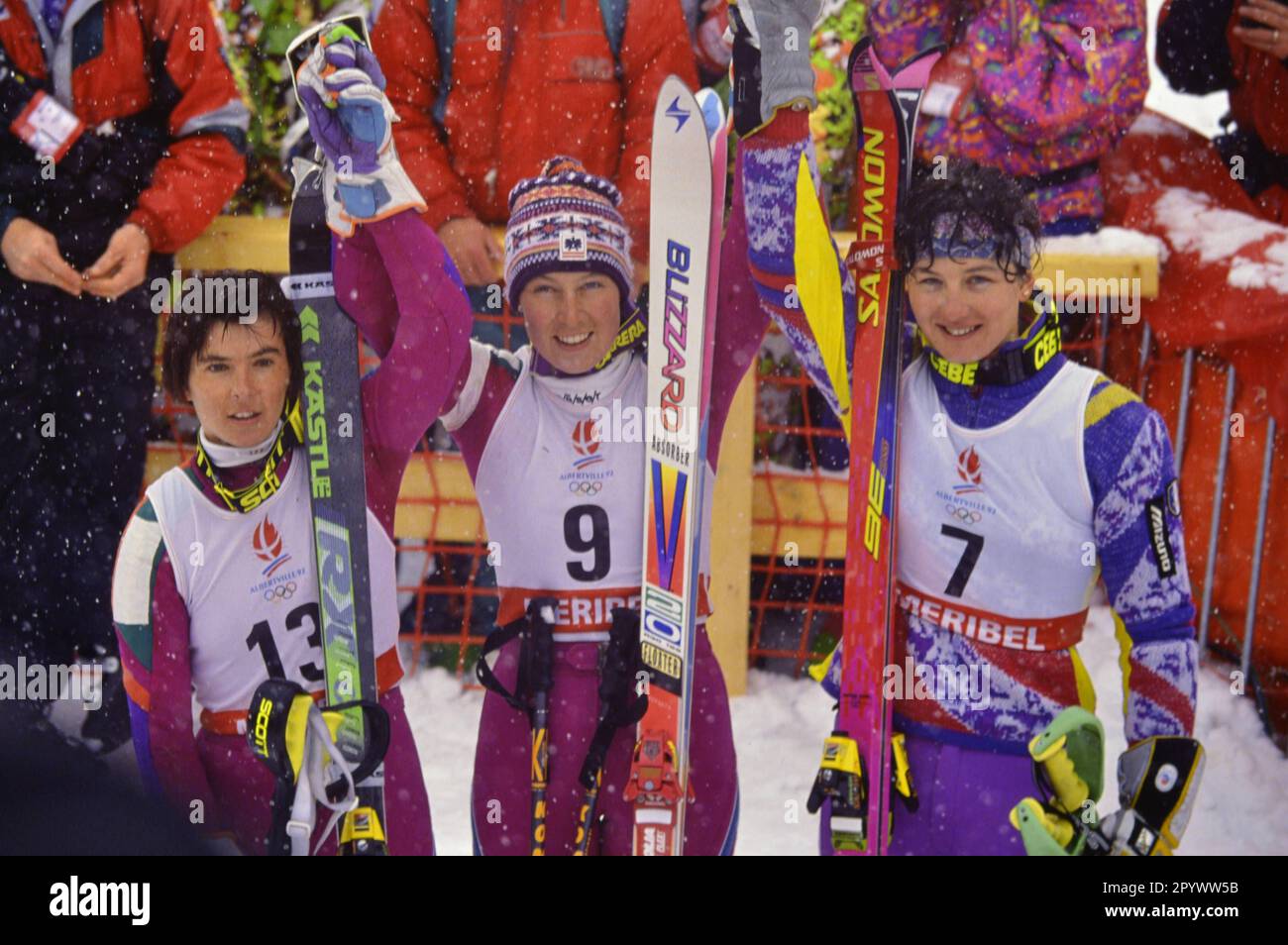 Giochi olimpici invernali Albertville 08-23.02.1992 combinazione Donne 13.02.1992 Anita WACHTER (Austria), Petra KRONBERGER (Austria), Firenze MASNADA (Francia) FOTO: WEREK Press Picture Agency xxNOxMODELxRELEASExx [traduzione automatica]- AUSTRIA OUT Foto Stock